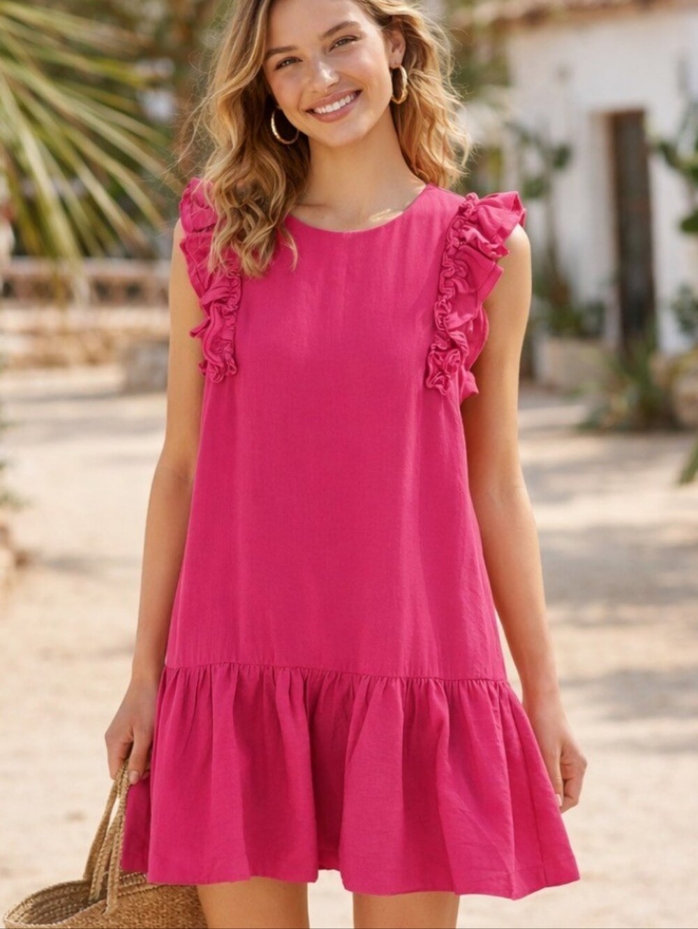 CeCe Bright Pink Sleeveless Dress With Ruffle Sleeve Detail & Hem Women's 10 NWT